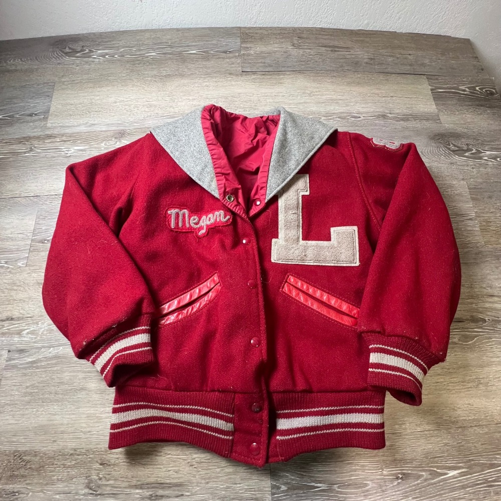 Vintage Letterman Jacket Women M Red 1982 La Follette Varsity Bomber Hooded